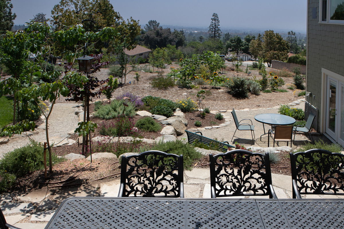 Terraced backyard garden with a flagstone patio, boulder retaining walls, gravel paths, sunflowers, and a hazy valley view beyond