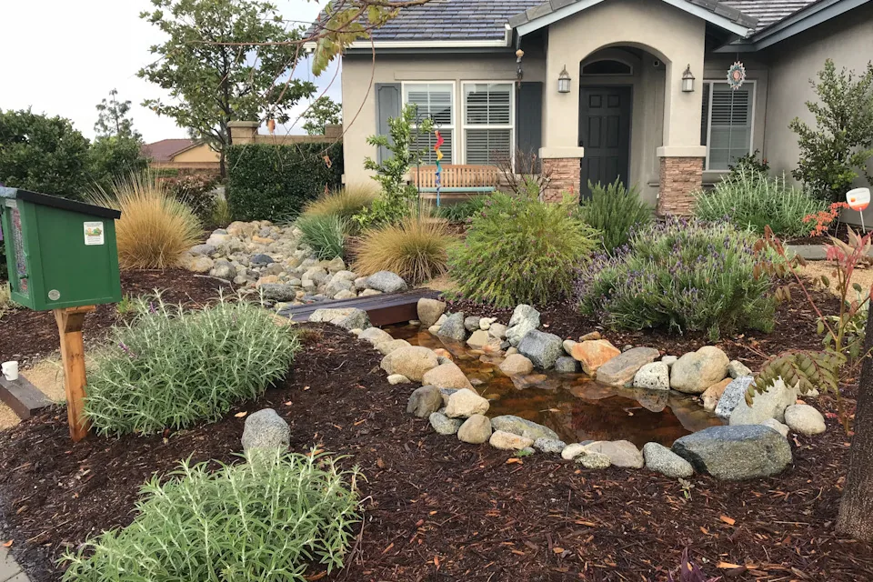 Drought-tolerant front yard garden with a rock-lined pond crossed by a small wooden plank bridge, a cobble dry creek bed, golden ornamental grasses and lavender, a green little free library box on a post at left, and a beige stucco house with an arched entryway behind