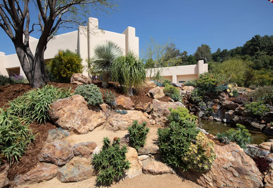 Water-wise garden of boulders, mulch, agaves and succulents beside a single-story adobe-style home, with a wooded hillside behind